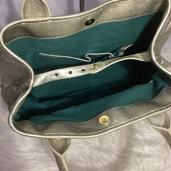 SOLD……..Tory Burch Signature Metallic Gold Thick Leather Satchel Tote Bag - Picture 8 of 11